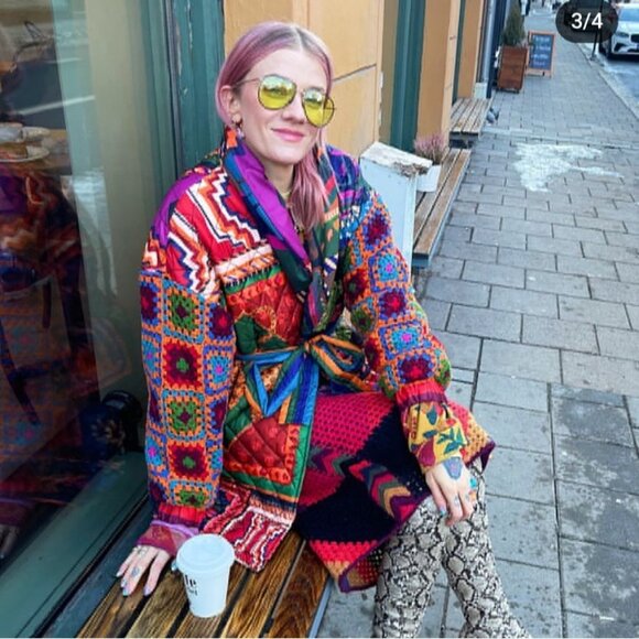 Farm Rio Crochet Sleeve Puffer Jacket Patchwork Tapestry Winter Tropical Longlin - Picture 10 of 15